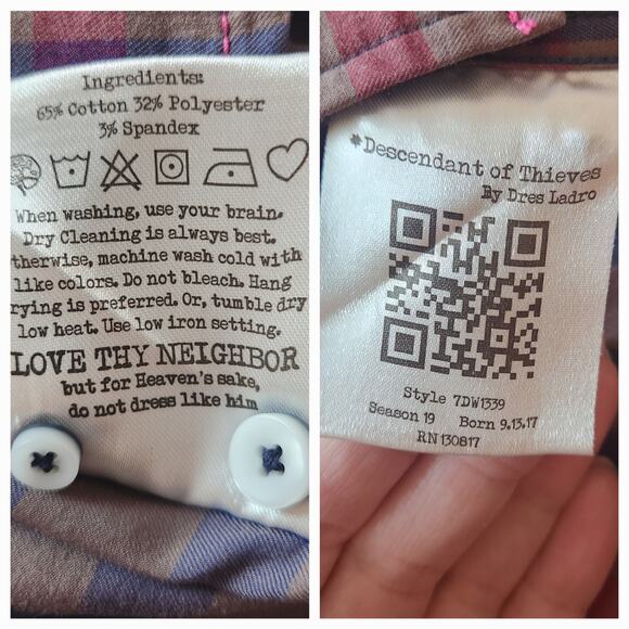 Descendant of Thieves Button Down Plaid Shirt Long Sleeve, flip cuffs, sz 2XL - Picture 11 of 13